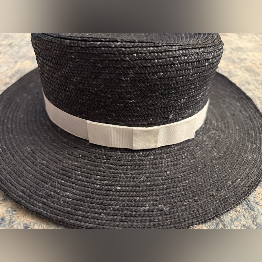 Black Straw Lele Sadoughi Hat with White Band